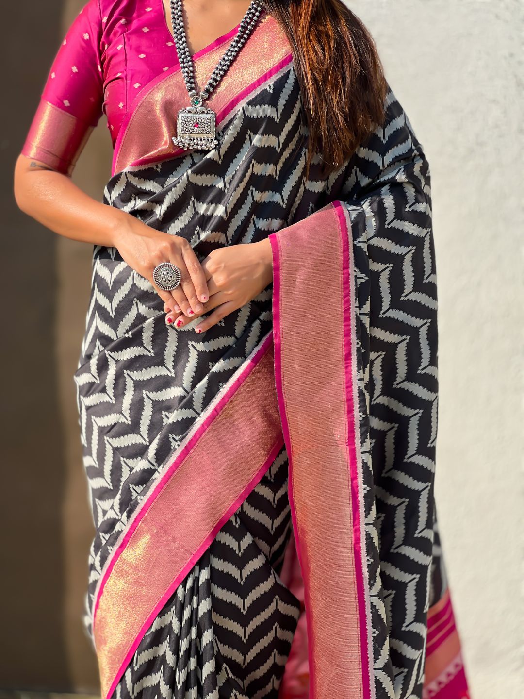 Black Soft Ikkat Leheriya Patola Silk Zari Woven Saree