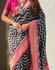 Black Soft Ikkat Leheriya Patola Silk Zari Woven Saree
