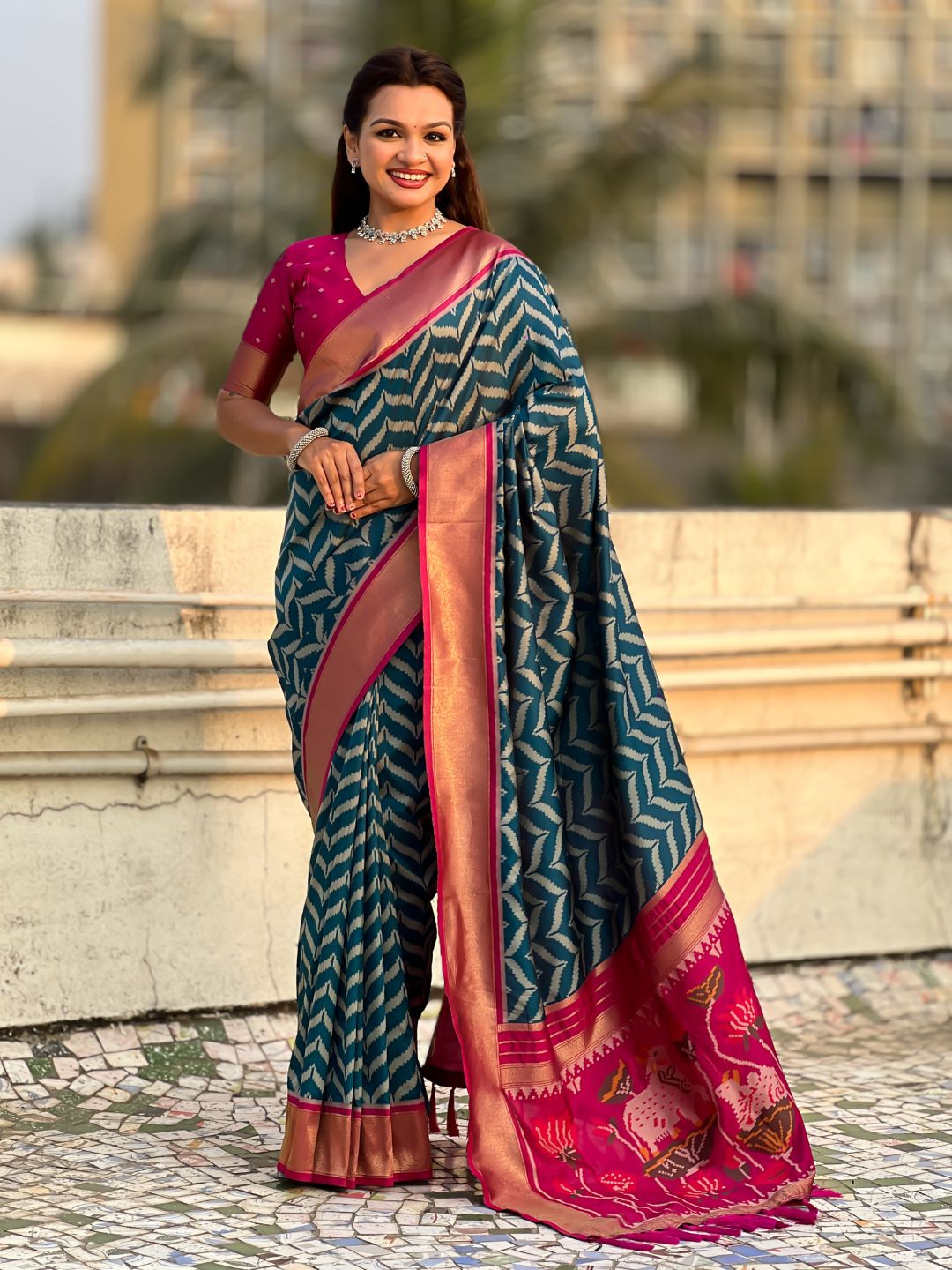 Dark Blue Soft Ikkat Leheriya Patola Silk Zari Woven Saree