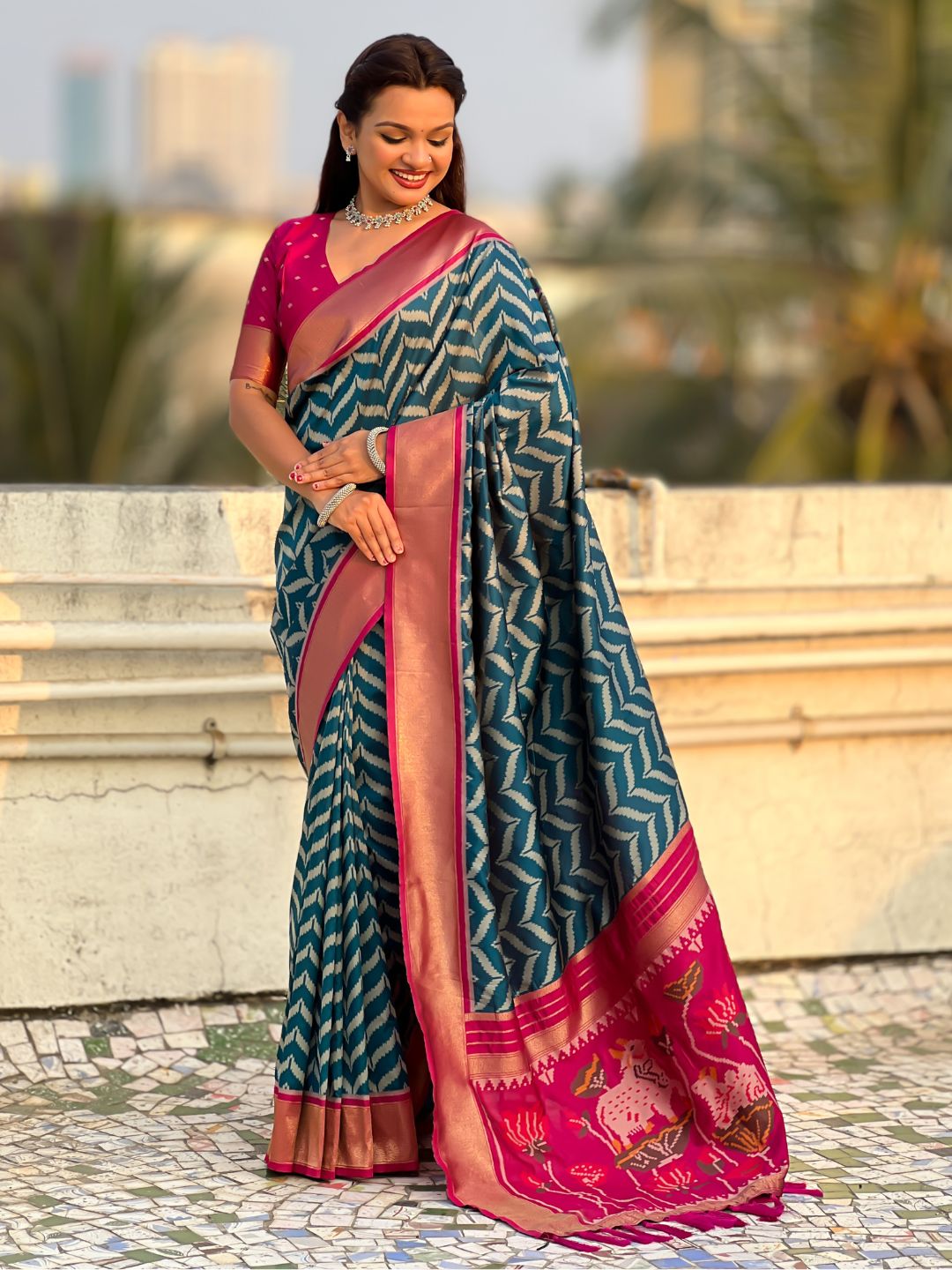 Dark Blue Soft Ikkat Leheriya Patola Silk Zari Woven Saree