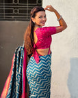 Dark Blue Soft Ikkat Leheriya Patola Silk Zari Woven Saree