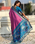 Dark Pink Soft Ikkat Leheriya Patola Silk Zari Woven Saree