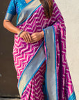 Dark Pink Soft Ikkat Leheriya Patola Silk Zari Woven Saree