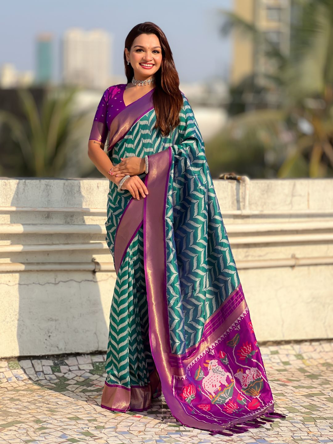 Peacock Blue Soft Ikkat Leheriya Patola Silk Zari Woven Saree