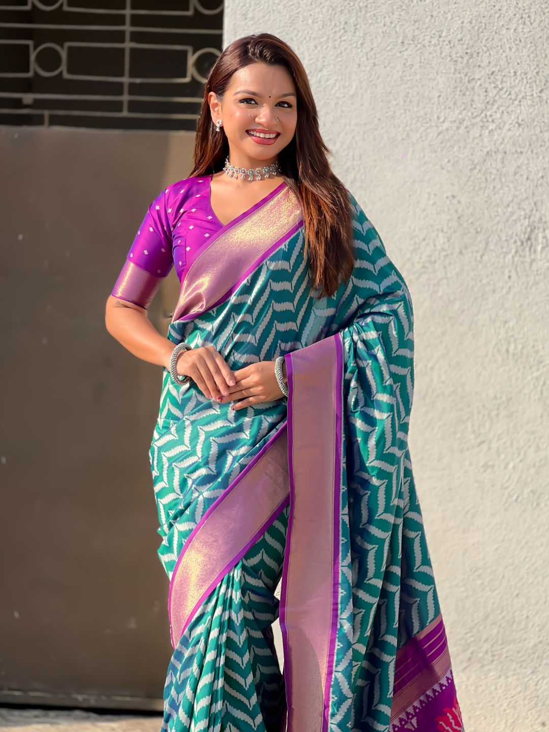 Peacock Blue Soft Ikkat Leheriya Patola Silk Zari Woven Saree