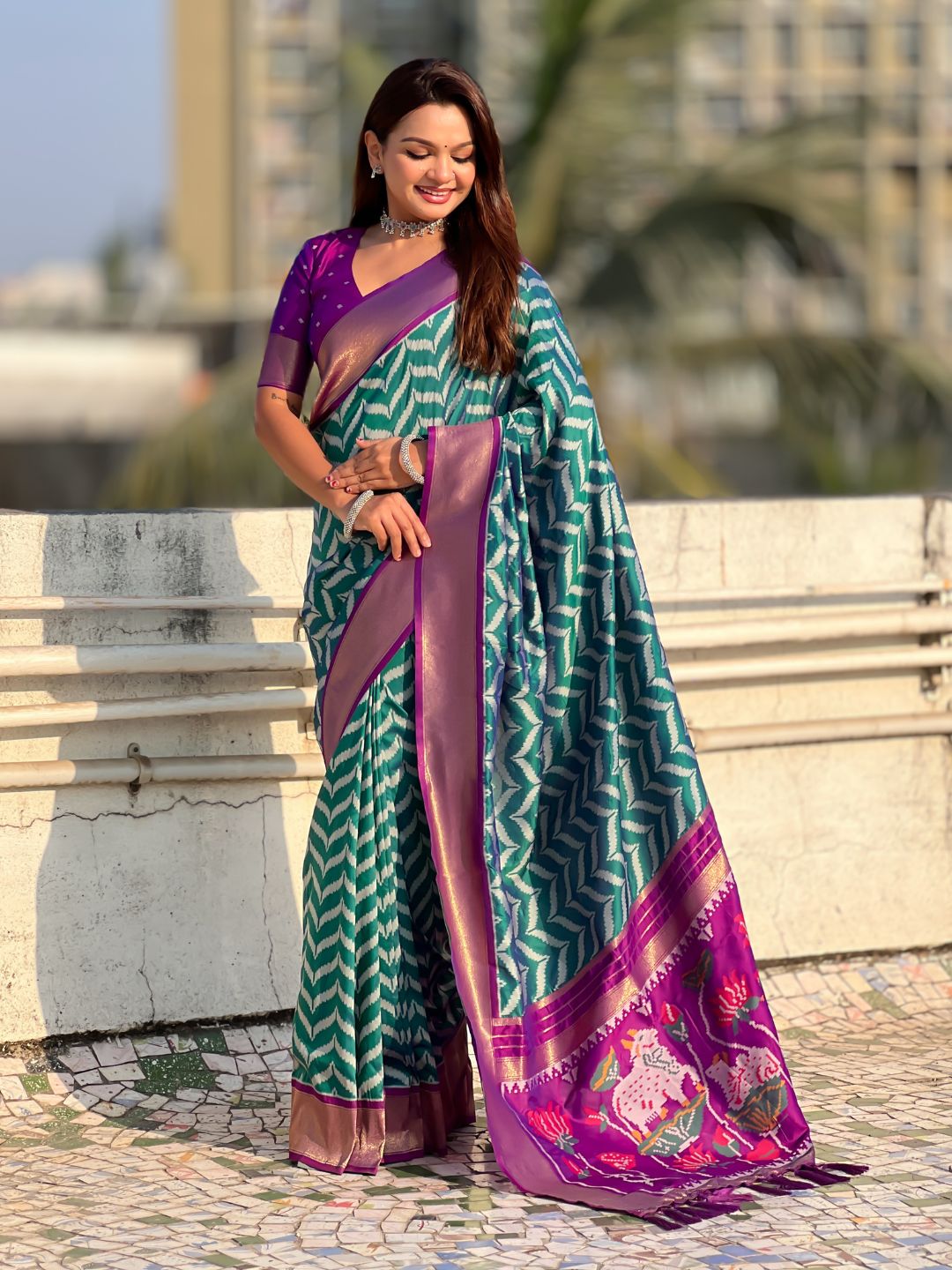Peacock Blue Soft Ikkat Leheriya Patola Silk Zari Woven Saree