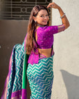 Peacock Blue Soft Ikkat Leheriya Patola Silk Zari Woven Saree
