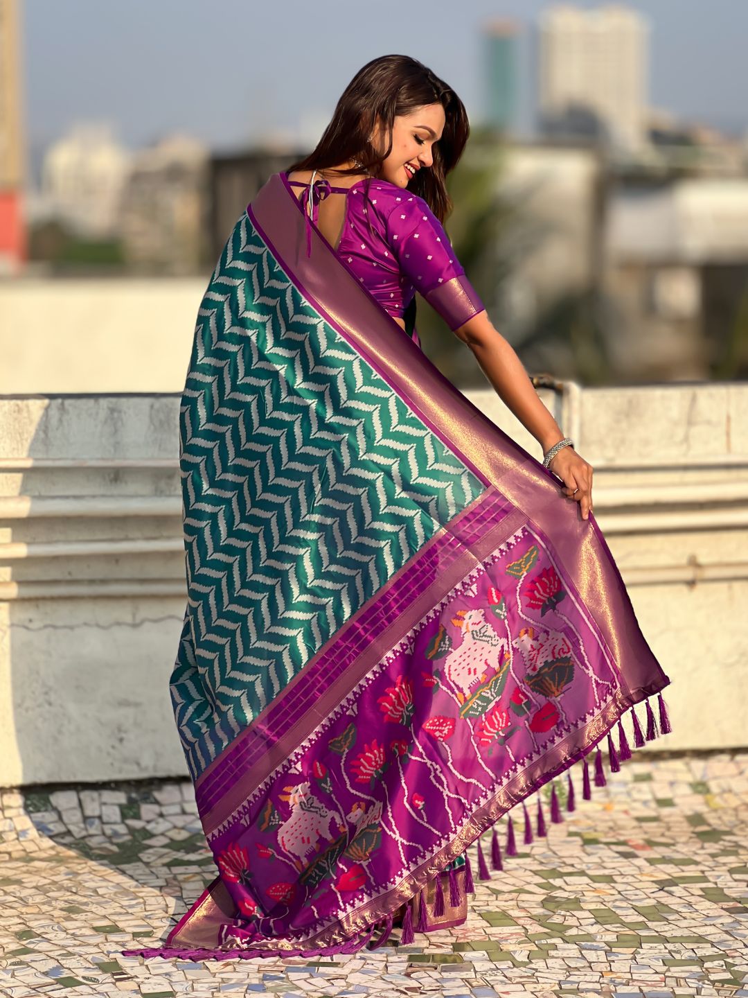 Peacock Blue Soft Ikkat Leheriya Patola Silk Zari Woven Saree