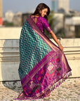 Peacock Blue Soft Ikkat Leheriya Patola Silk Zari Woven Saree