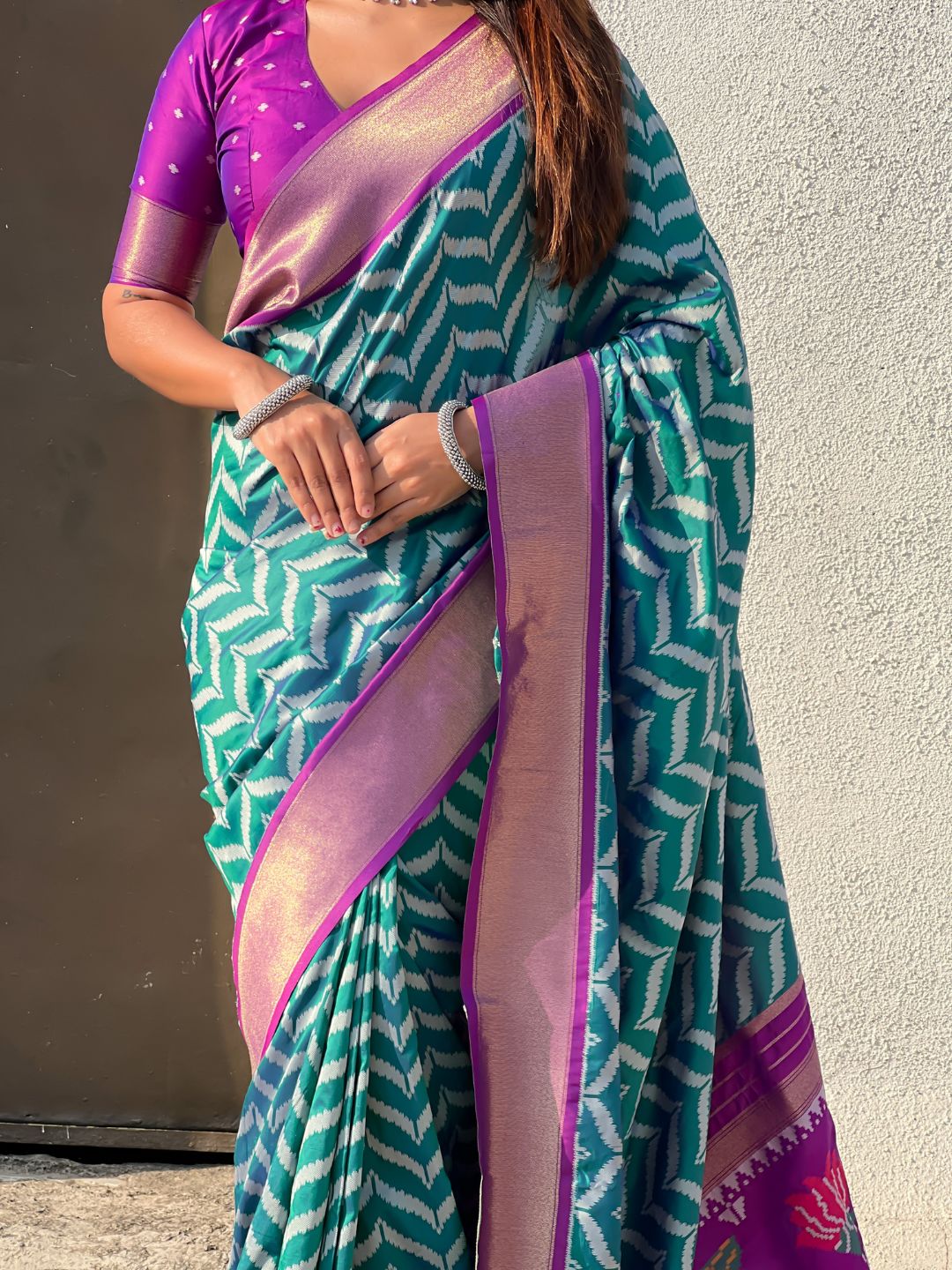 Peacock Blue Soft Ikkat Leheriya Patola Silk Zari Woven Saree