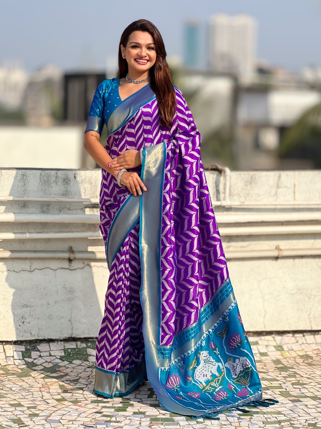 Purple Soft Ikkat Leheriya Patola Silk Zari Woven Saree