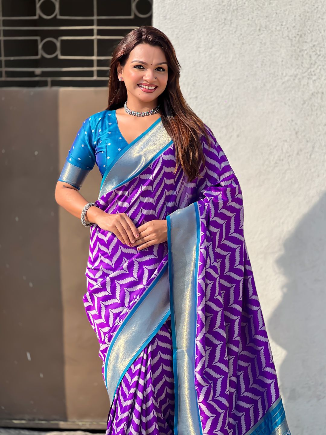 Purple Soft Ikkat Leheriya Patola Silk Zari Woven Saree