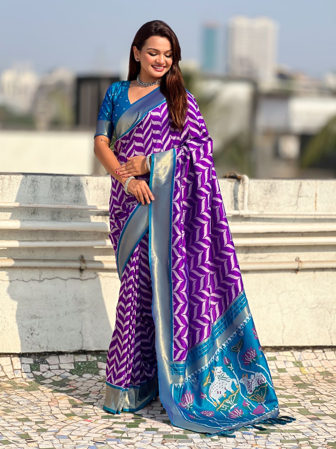 Purple Soft Ikkat Leheriya Patola Silk Zari Woven Saree