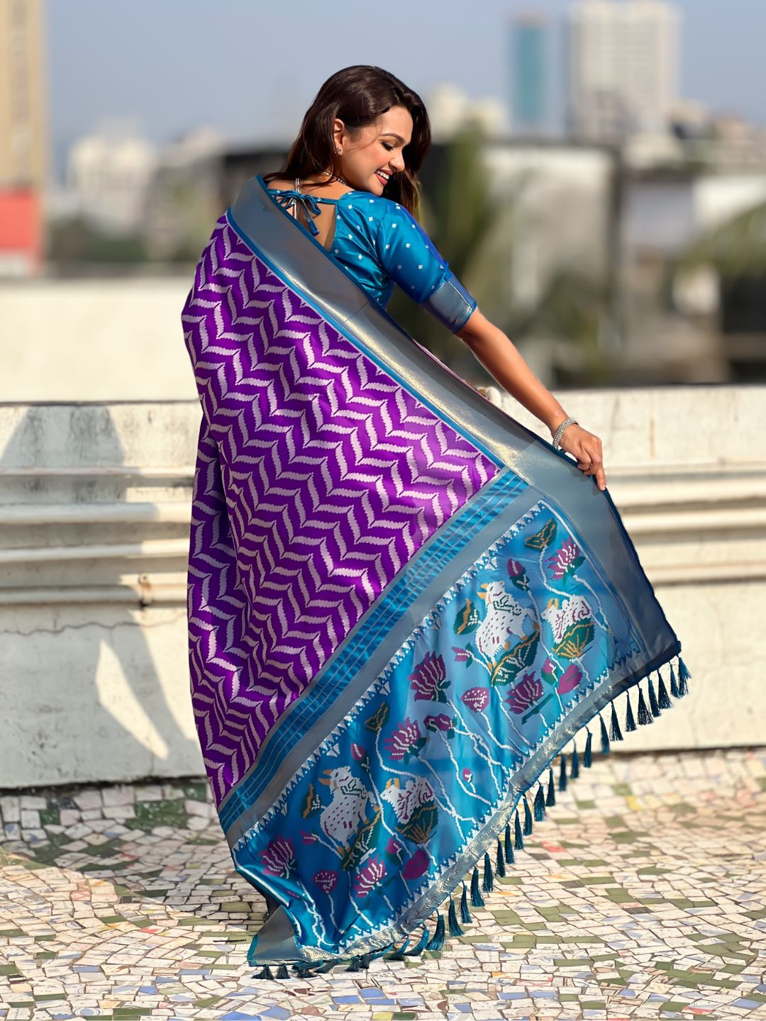 Purple Soft Ikkat Leheriya Patola Silk Zari Woven Saree