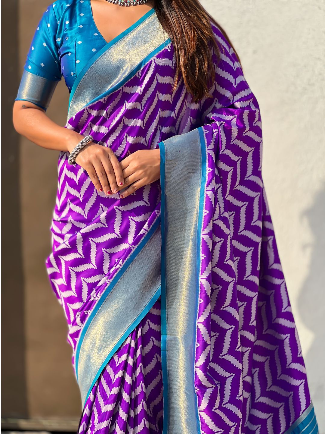 Purple Soft Ikkat Leheriya Patola Silk Zari Woven Saree