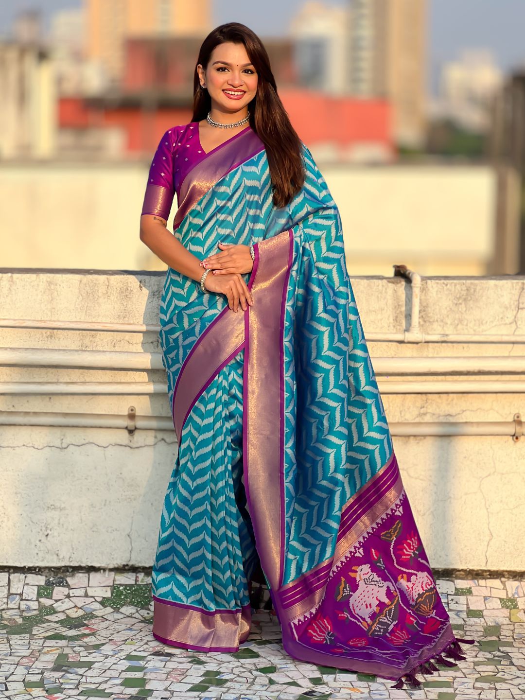 Sky Blue Soft Ikkat Leheriya Patola Silk Zari Woven Saree