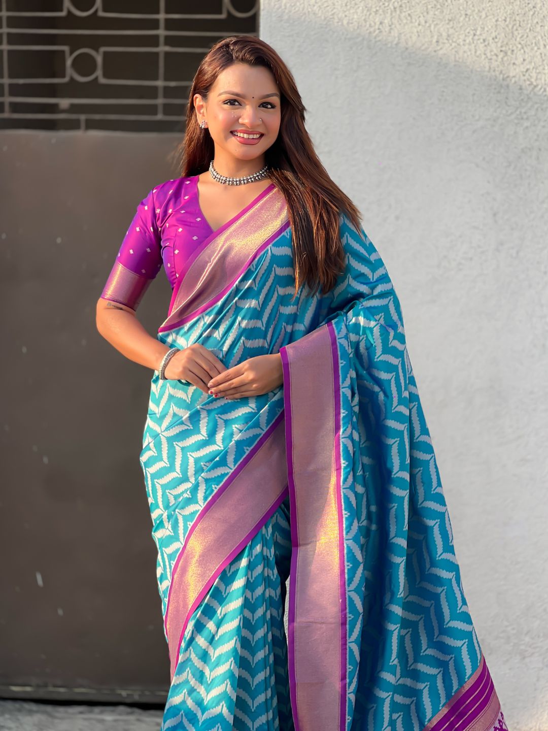 Sky Blue Soft Ikkat Leheriya Patola Silk Zari Woven Saree