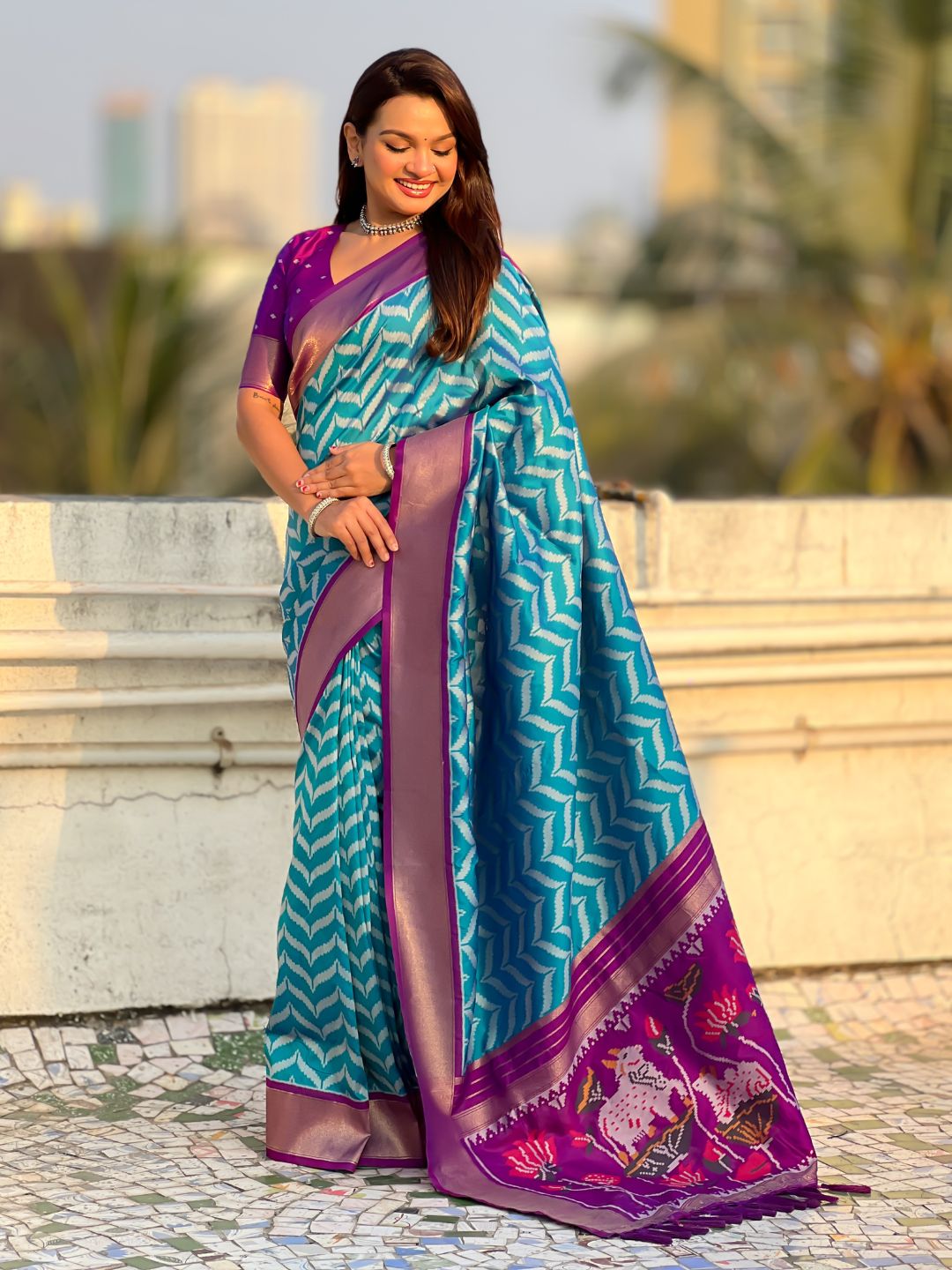 Sky Blue Soft Ikkat Leheriya Patola Silk Zari Woven Saree