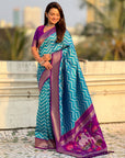 Sky Blue Soft Ikkat Leheriya Patola Silk Zari Woven Saree