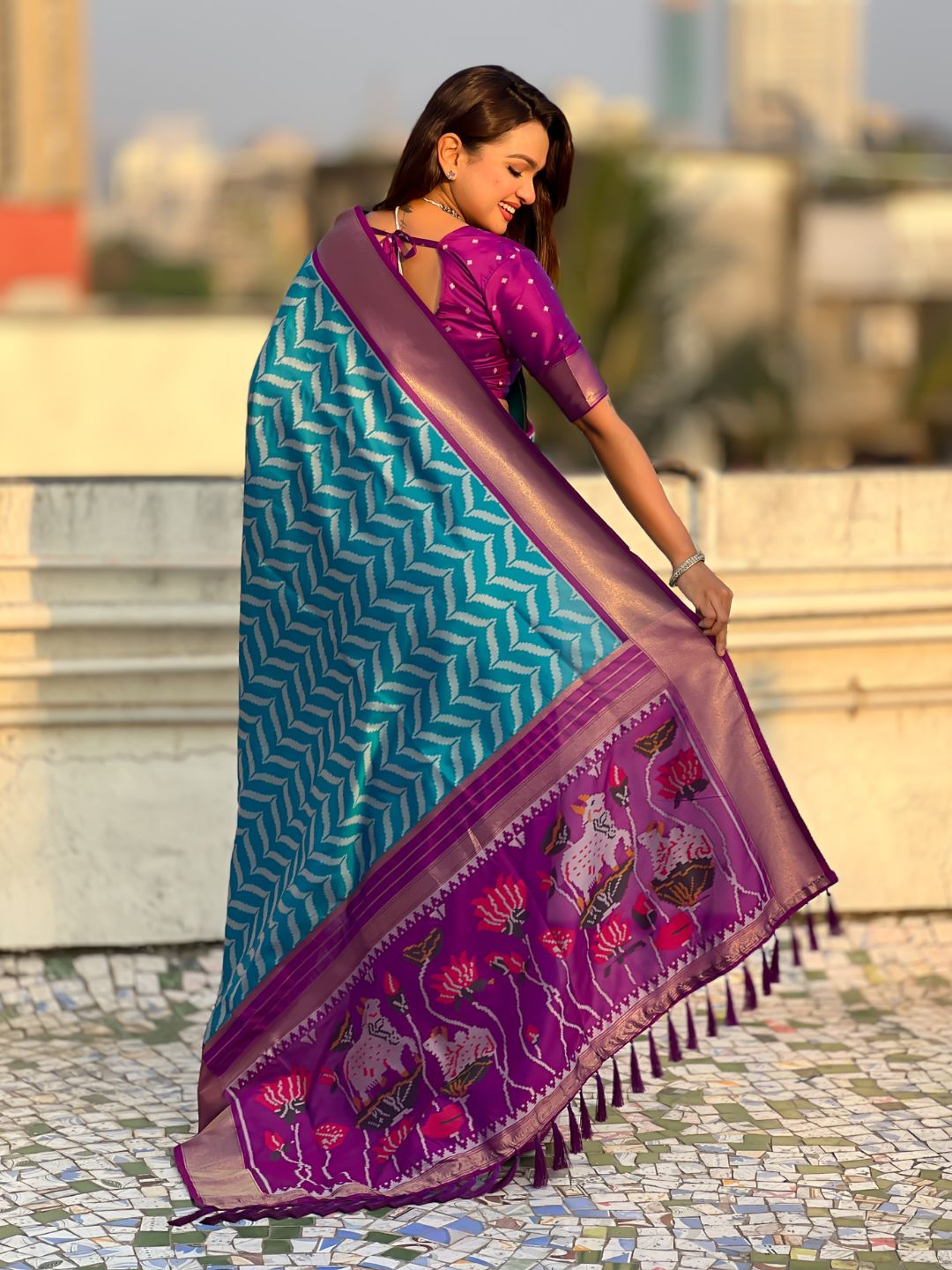 Sky Blue Soft Ikkat Leheriya Patola Silk Zari Woven Saree