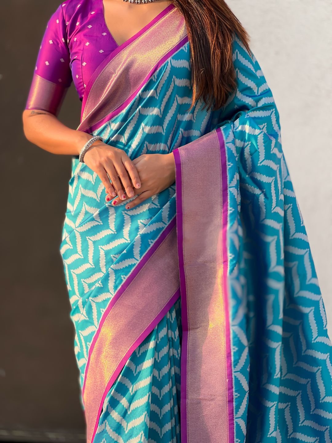 Sky Blue Soft Ikkat Leheriya Patola Silk Zari Woven Saree