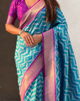 Sky Blue Soft Ikkat Leheriya Patola Silk Zari Woven Saree