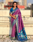 Magenta Soft Ikkat Leheriya Patola Silk Zari Woven Saree