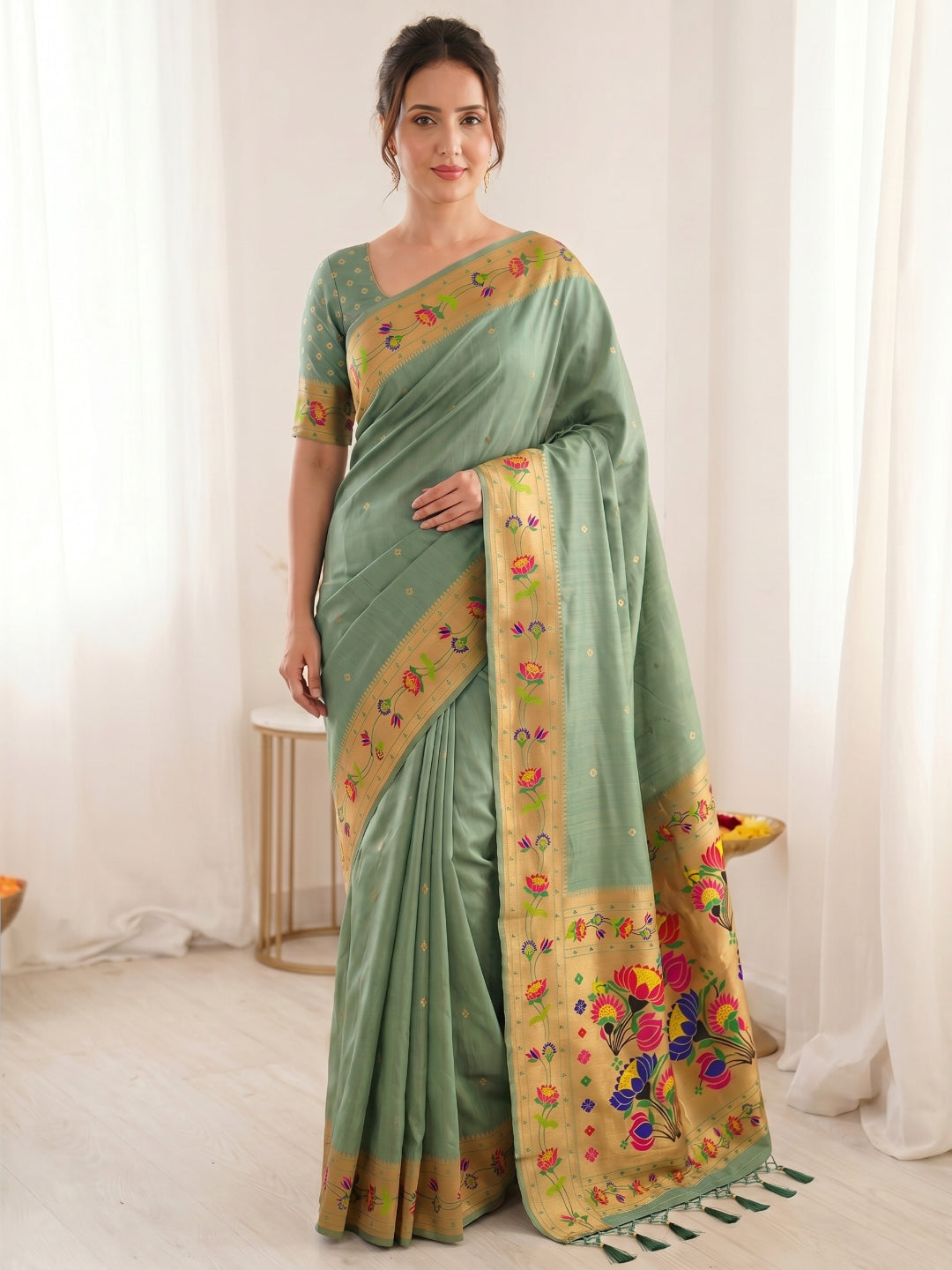 Sea Green Premium Soft Brocade Tissue Paithani Silk Saree