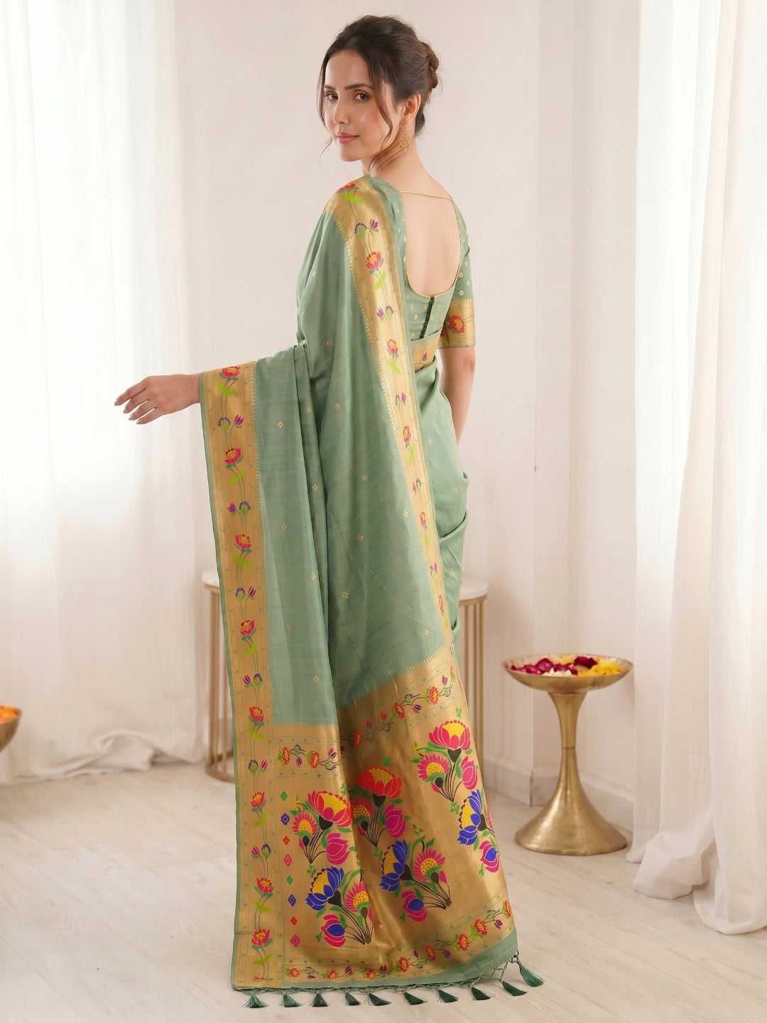 Sea Green Premium Soft Brocade Tissue Paithani Silk Saree