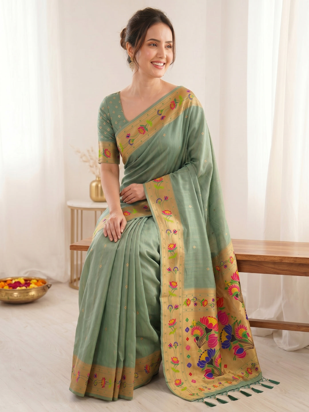 Sea Green Premium Soft Brocade Tissue Paithani Silk Saree