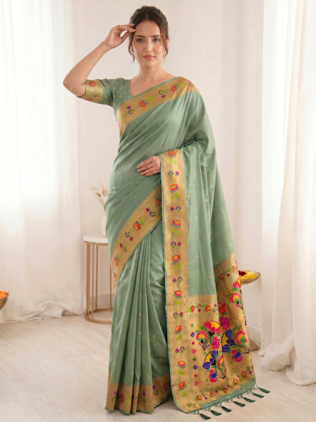 Sea Green Premium Soft Brocade Tissue Paithani Silk Saree
