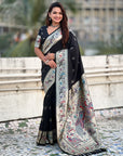 Black Soft Paithani Silk with Silver Zari Woven Saree