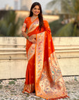 Orange Soft Paithani Silk with Silver Zari Woven Saree