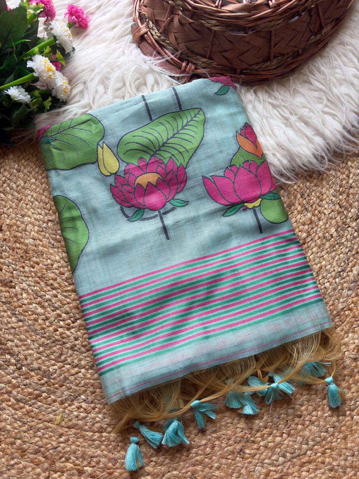 Sky Blue Soft Flora Cotton Resham Saree with Lotus Pattern Saree