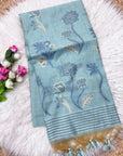 Sky Blue Soft Muga Cotton Saree with Floral Pattern Saree