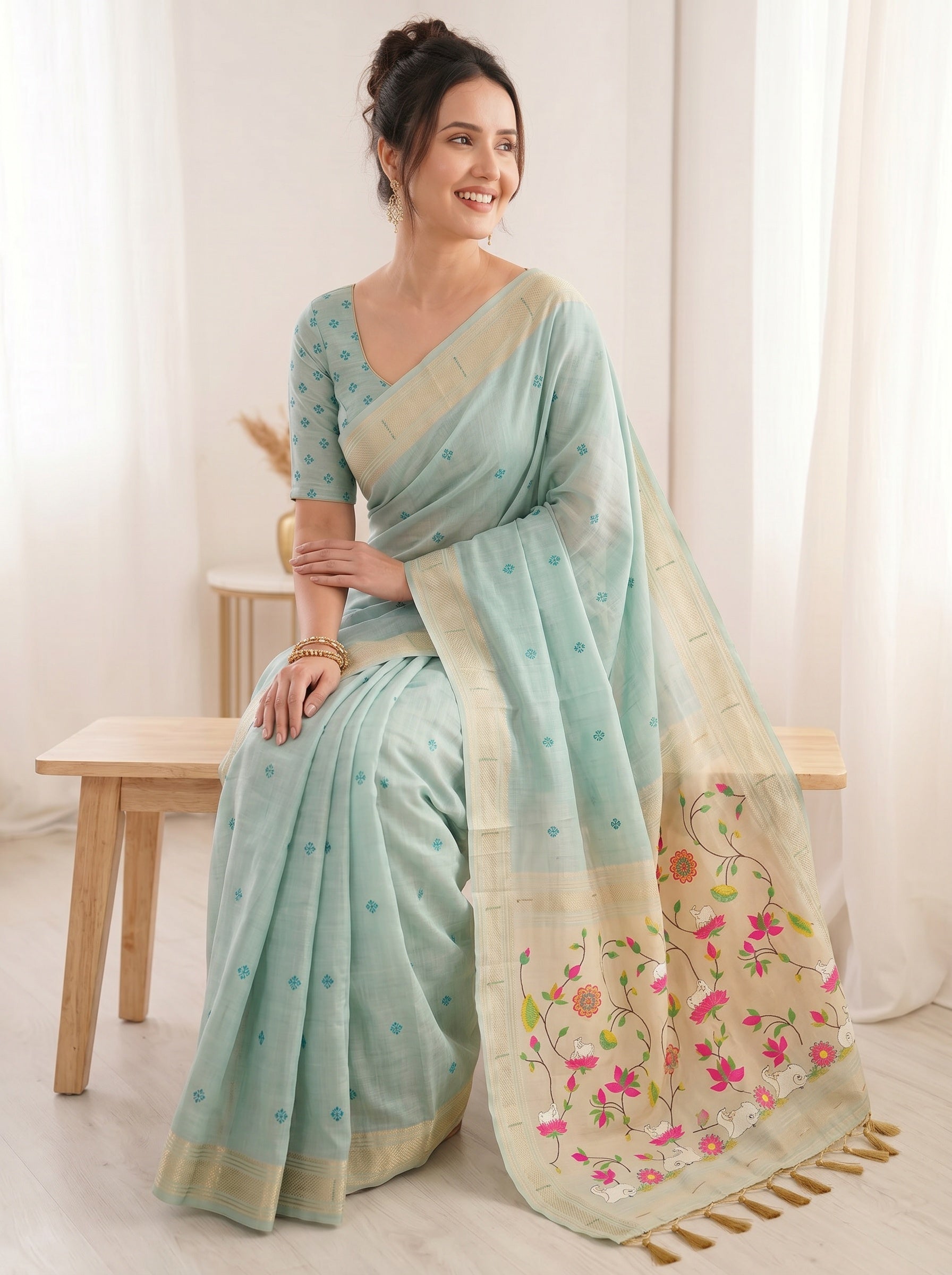 Sky Blue Soft Linen Cotton Paithani Saree with Meenakari Pichwai Lotus Pallu