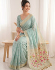 Sky Blue Soft Linen Cotton Paithani Saree with Meenakari Pichwai Lotus Pallu