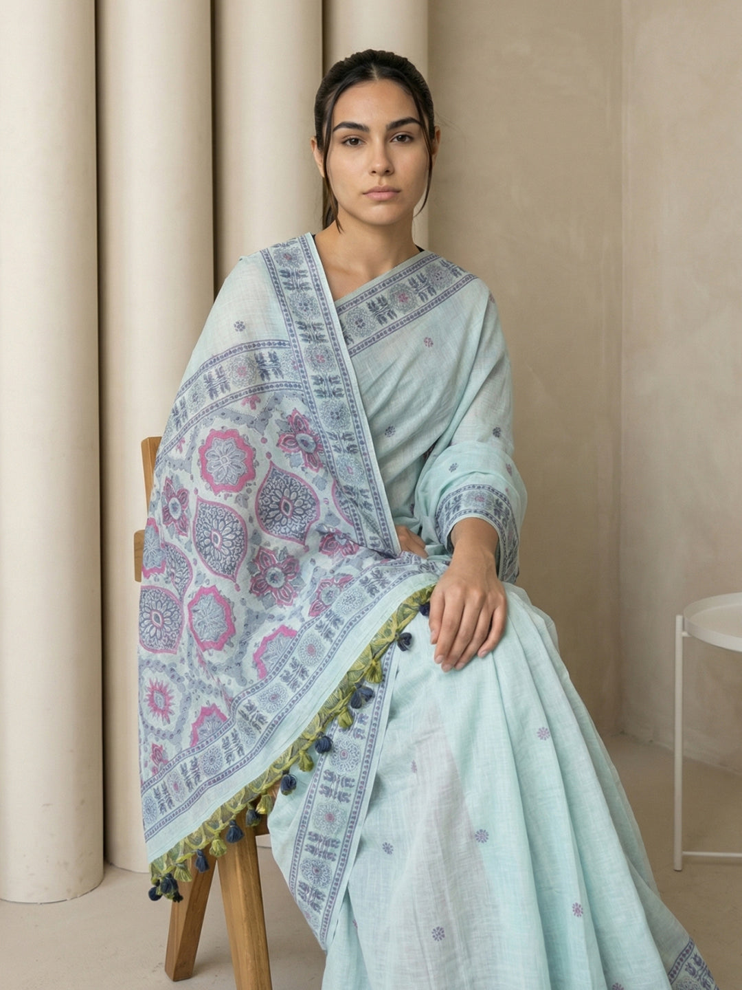 Sky Blue Soft Muga Cotton with Handblock Kalamakri Pattern Saree