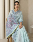 Sky Blue Soft Muga Cotton with Handblock Kalamakri Pattern Saree