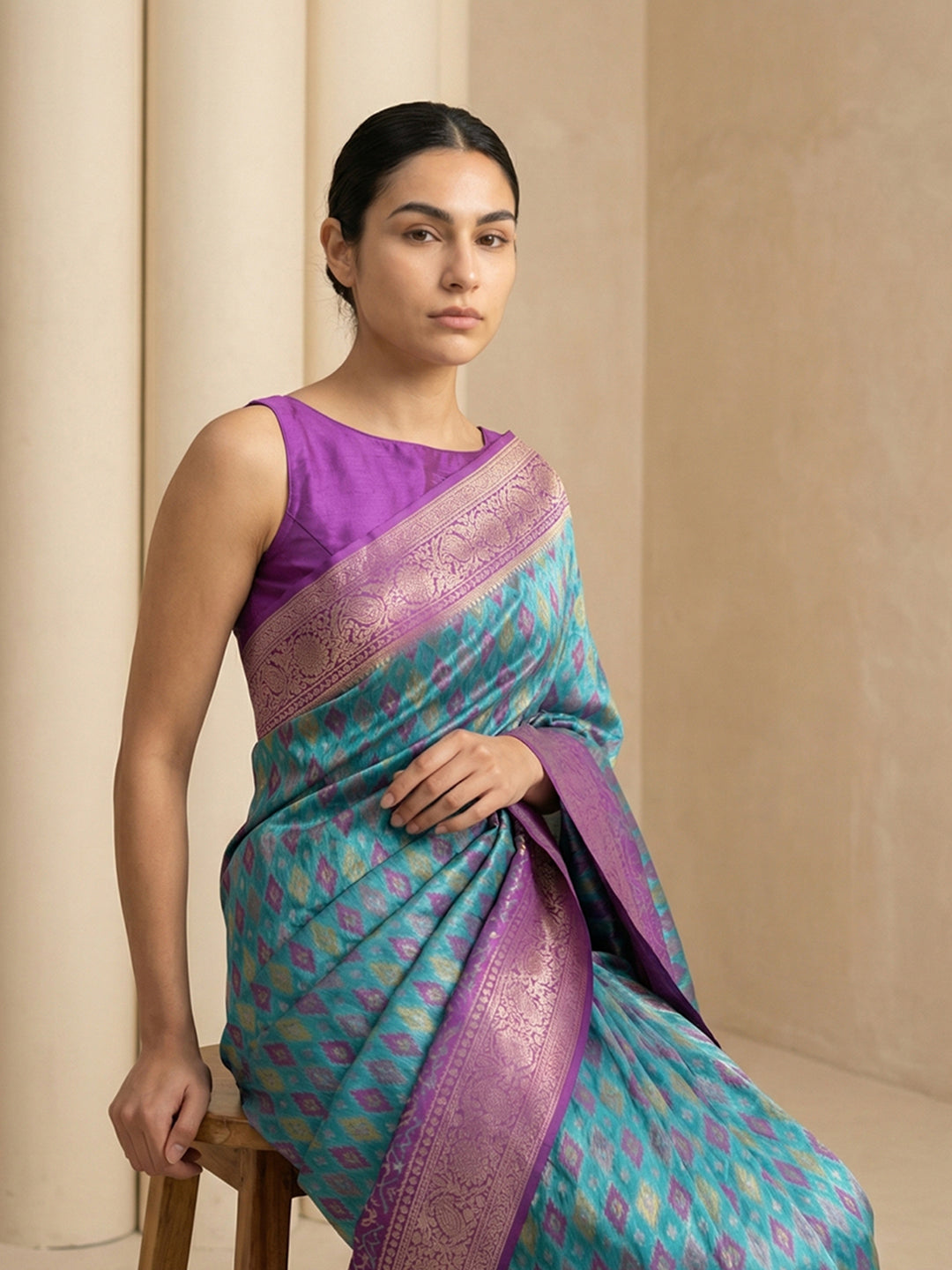Sky Blue Soft Ikkat Patola Silk Geometric Ikkat Weaves Saree