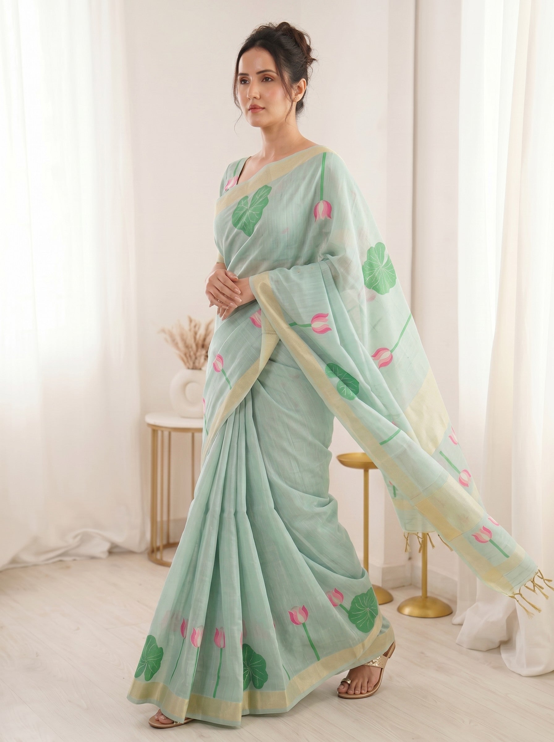 Sky Blue Premium Soft Linen Cotton with Lotus &amp; Leafs Pattern Saree