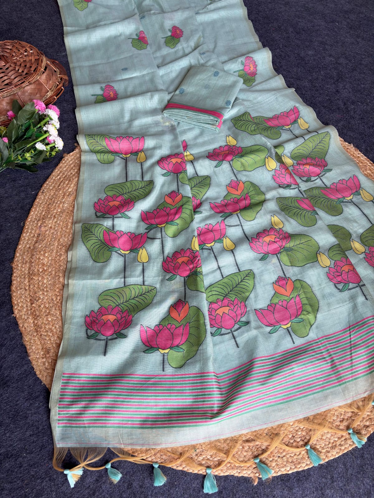 Sky Blue Soft Flora Cotton Resham Saree with Lotus Pattern Saree