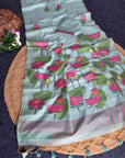 Sky Blue Soft Flora Cotton Resham Saree with Lotus Pattern Saree
