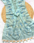 Sky Blue Soft Muga Cotton Saree with Floral Pattern Saree