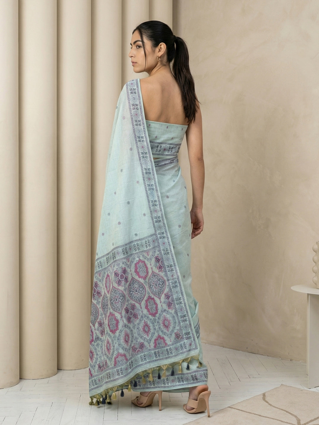 Sky Blue Soft Muga Cotton with Handblock Kalamakri Pattern Saree