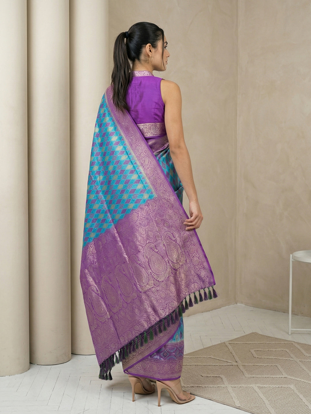 Sky Blue Soft Ikkat Patola Silk Geometric Ikkat Weaves Saree