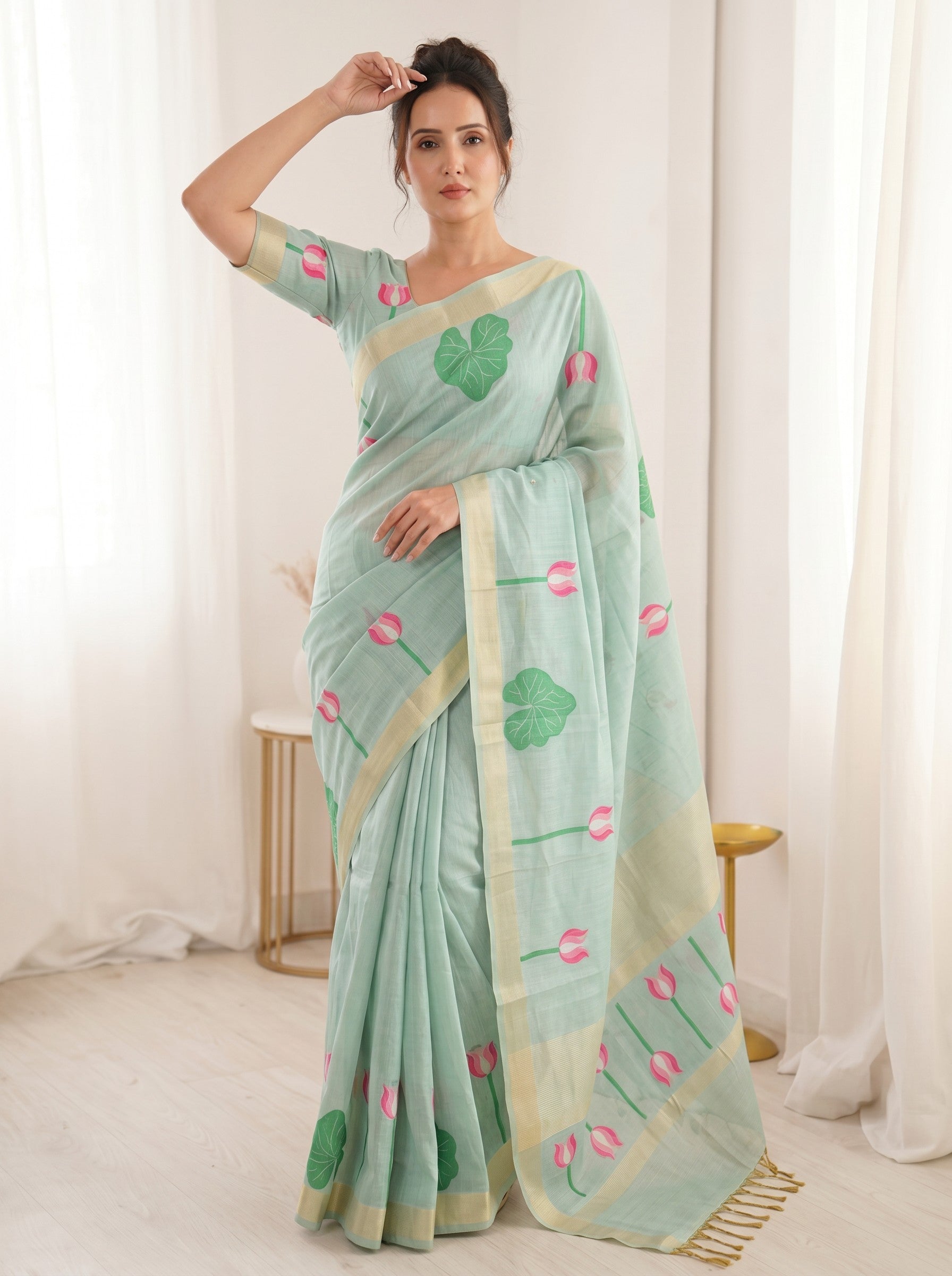 Sky Blue Premium Soft Linen Cotton with Lotus &amp; Leafs Pattern Saree