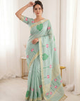 Sky Blue Premium Soft Linen Cotton with Lotus & Leafs Pattern Saree