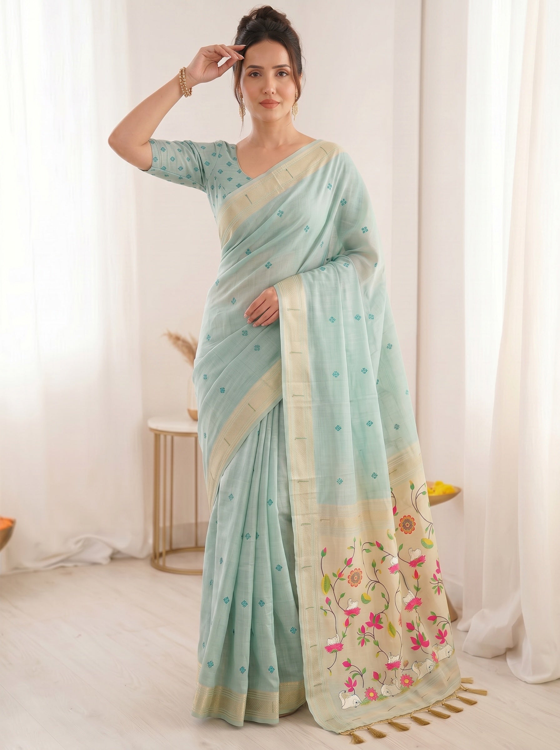 Sky Blue Soft Linen Cotton Paithani Saree with Meenakari Pichwai Lotus Pallu