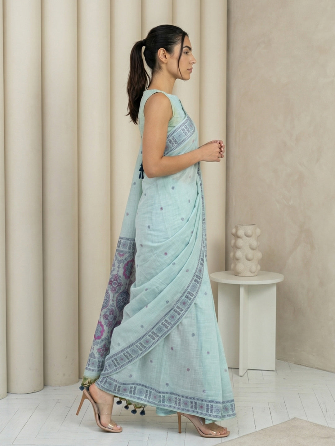 Sky Blue Soft Muga Cotton with Handblock Kalamakri Pattern Saree